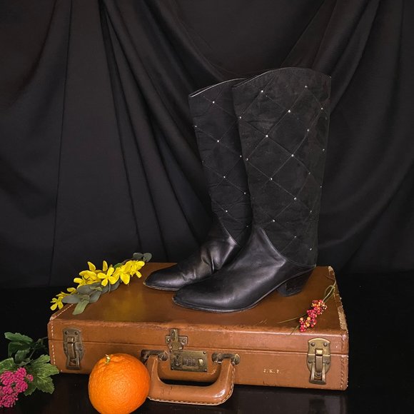 Vintage 80s Saks Fifth Ave Studded Black Boots 8B - Picture 1 of 3
